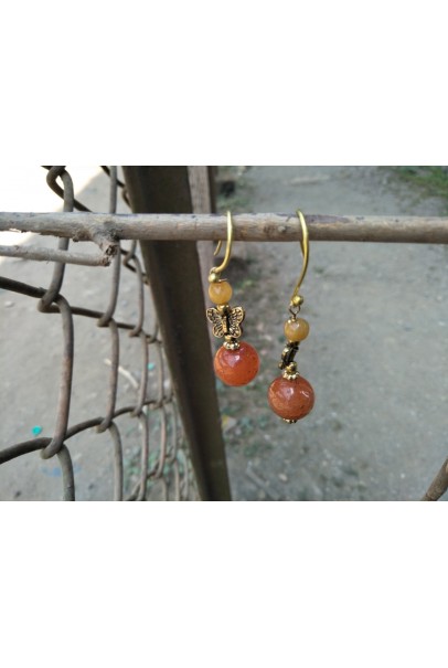 Alphabey's Orange & Yellow Agate Stone Butterfly Patterned Gold Plated Brass Earrings For Women